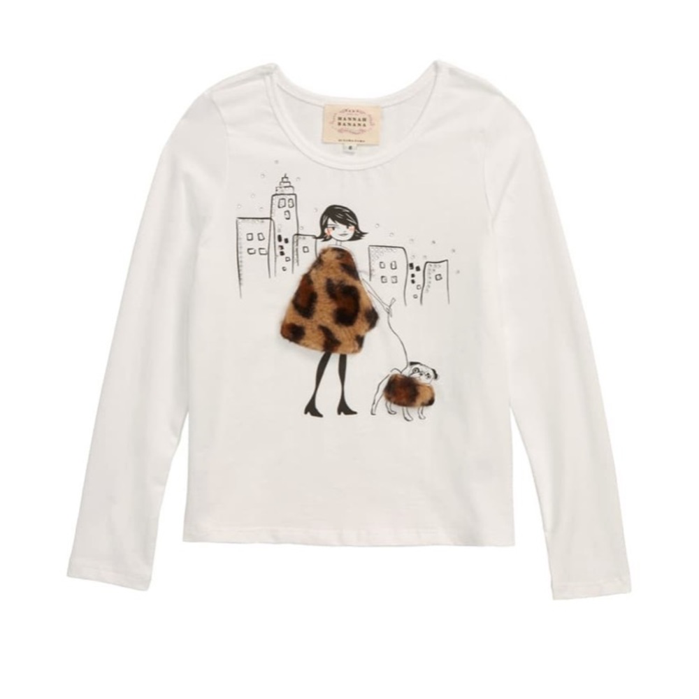NWT Girls HANNAH BANANA Faux Fur Trim Graphic Tee